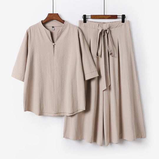 Damen Lässiges Leinen-Viskose Lounge-Set mit Stehkragen-Oberteil und weiten Palazzo-Hose Shop Nory