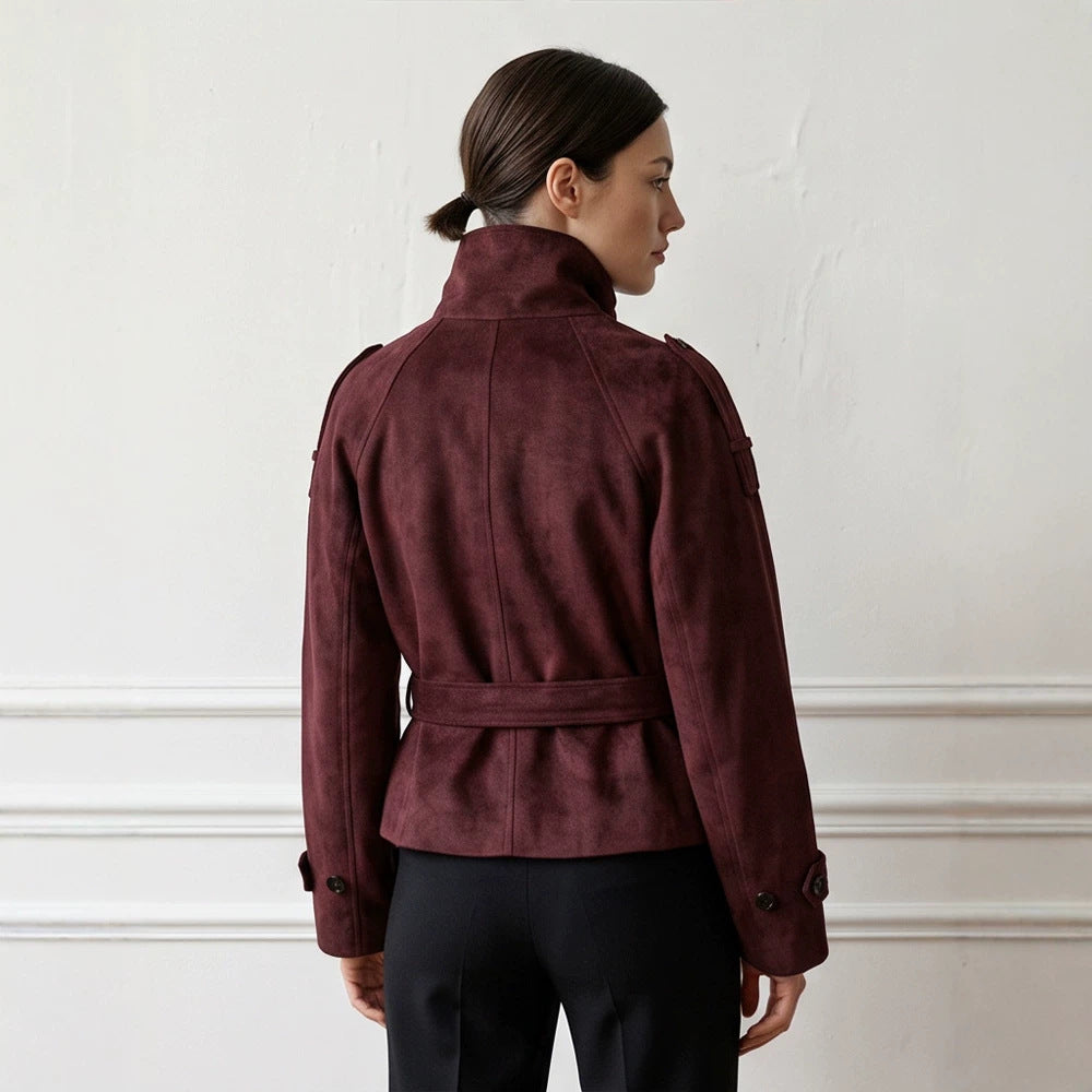Damen Taillierte Kurzjacke in Wildlederoptik mit Doppelreiher und Stehkragen Shop Nory