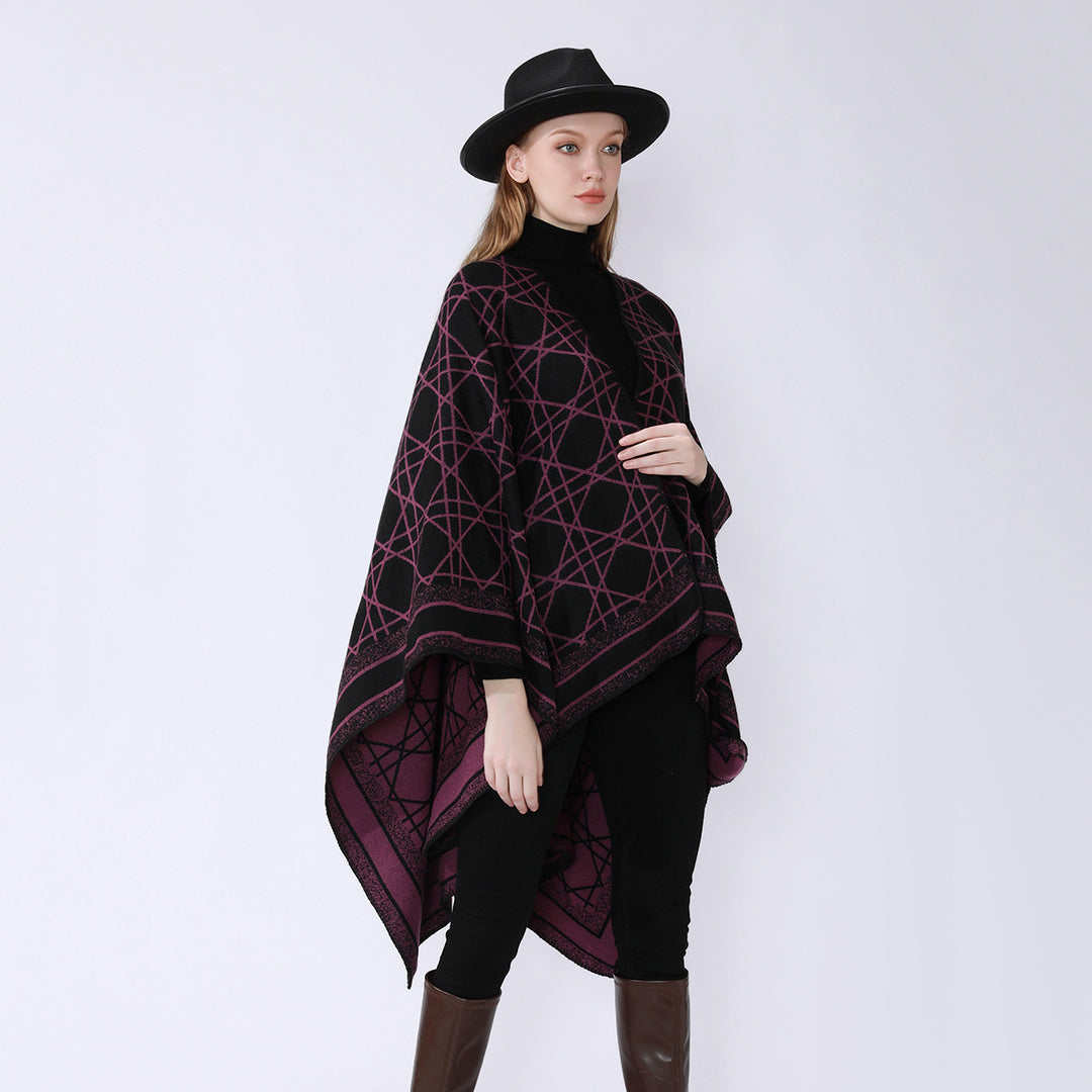 Damen Wendbarer Jacquard-Capeponcho mit geometrischem Allovermuster und offenem Kimono-Fall Shop Nory