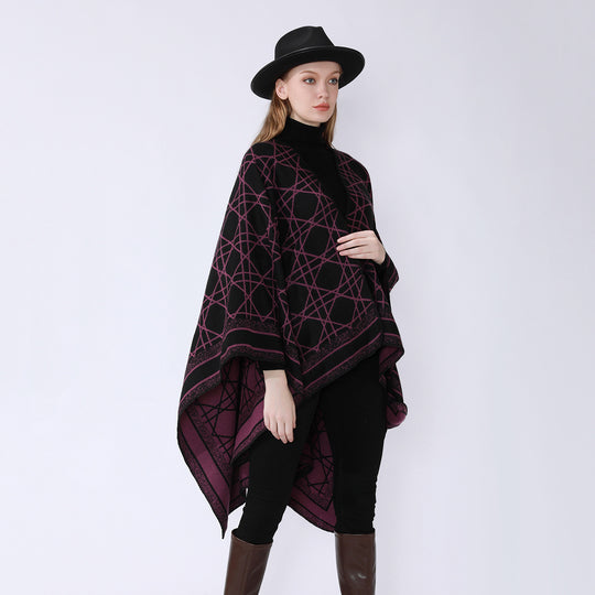 Damen Wendbarer Jacquard-Capeponcho mit geometrischem Allovermuster und offenem Kimono-Fall Shop Nory