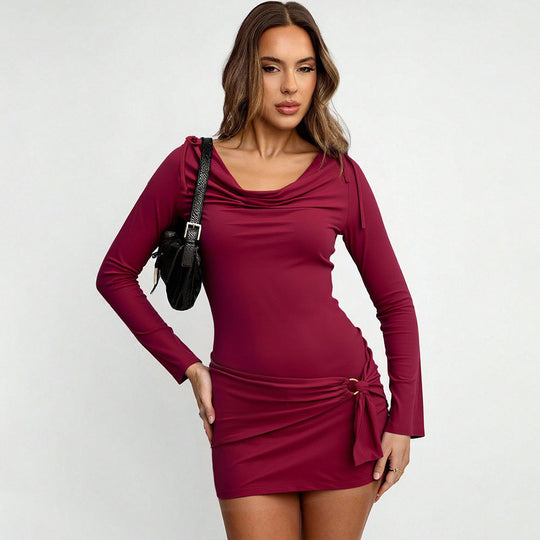 Damen figurbetontes Stretch-Minikleid mit Wasserfallkragen, langen Ärmeln und seitlicher Knotendrapierung Shop Nory