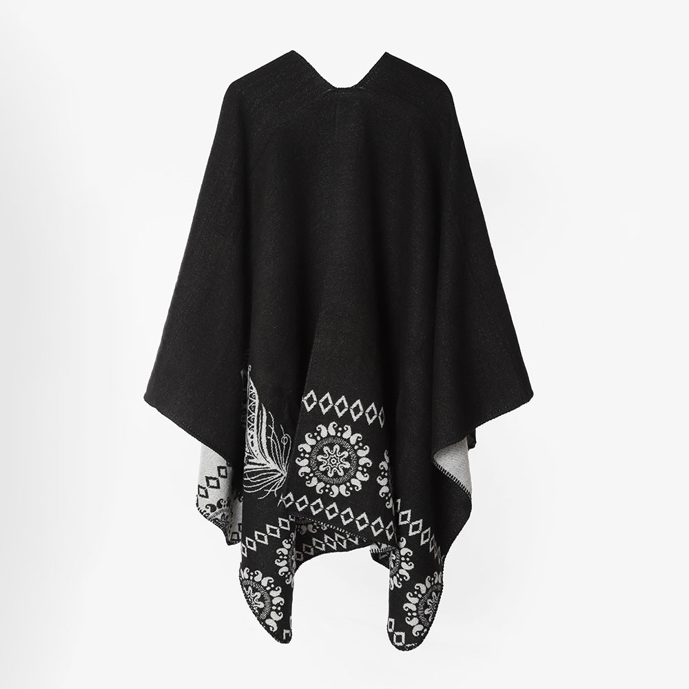 Damen Poncho‑Cape mit zweifarbiger Webstruktur, floralem Medaillon‑Jacquard und offener Front Shop Nory
