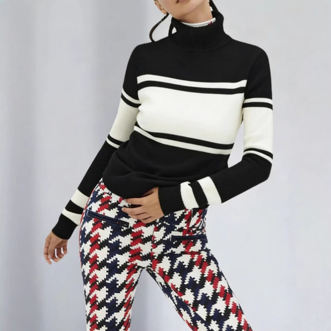 Damen langes Rollkragen Strickkleid mit Sternmotiv, Blockstreifen und elastischem Rippbündchen Shop Nory