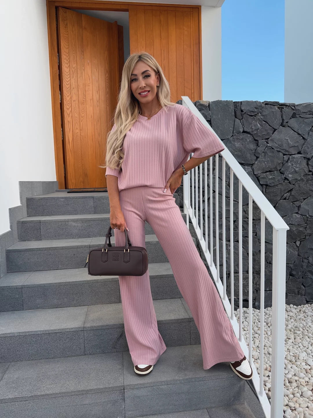 Damen Feines Rippstrick‑Zweiteiler mit Relaxed‑Crewneck und ausgestellter Palazzo‑Hose Shop Nory