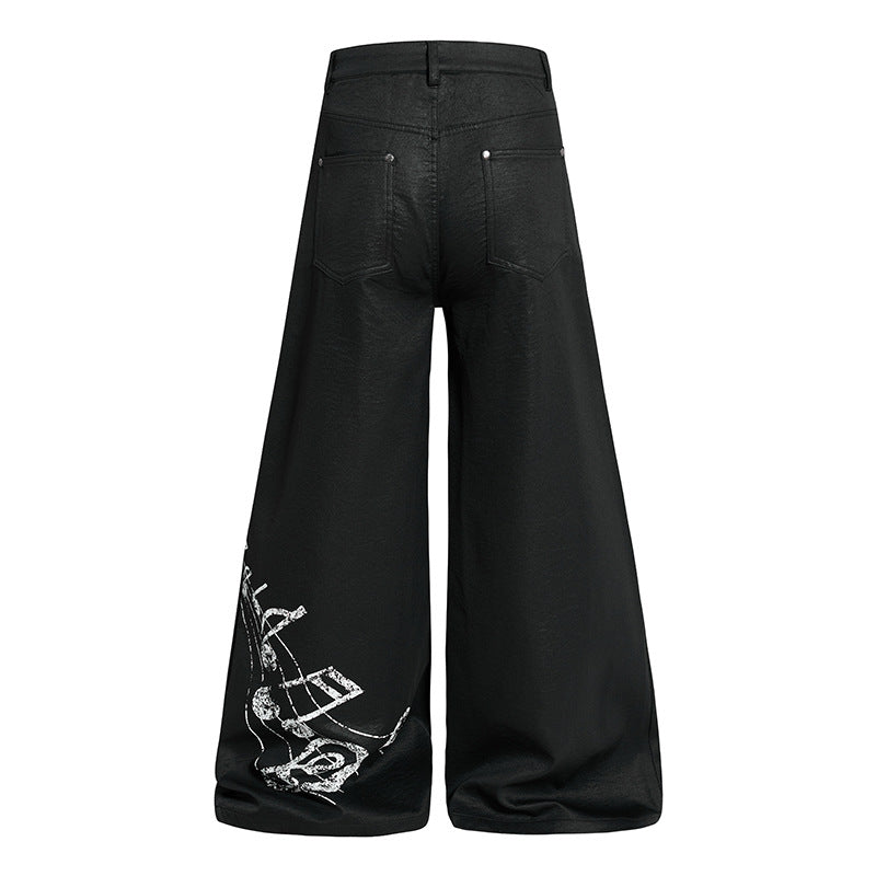 Damen Weite hochgeschnittene Palazzo-Hose mit beschichteter Lederoptik, extra weitem Bein und Statement-Print Shop Nory