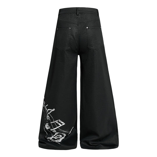 Damen Weite hochgeschnittene Palazzo-Hose mit beschichteter Lederoptik, extra weitem Bein und Statement-Print Shop Nory