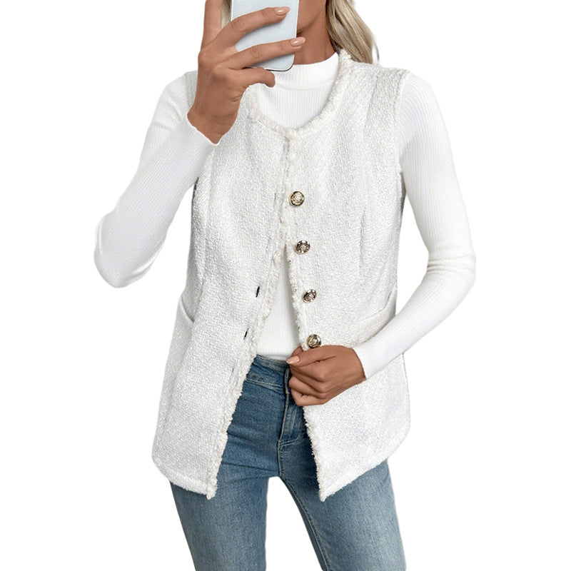 Damen Bouclé-Weste mit Zierknöpfen, Fransenbesatz und Eingrifftaschen Shop Nory