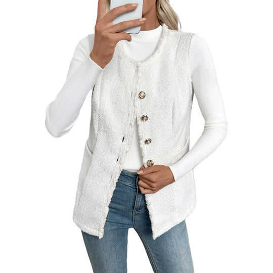 Damen Bouclé-Weste mit Zierknöpfen, Fransenbesatz und Eingrifftaschen Shop Nory