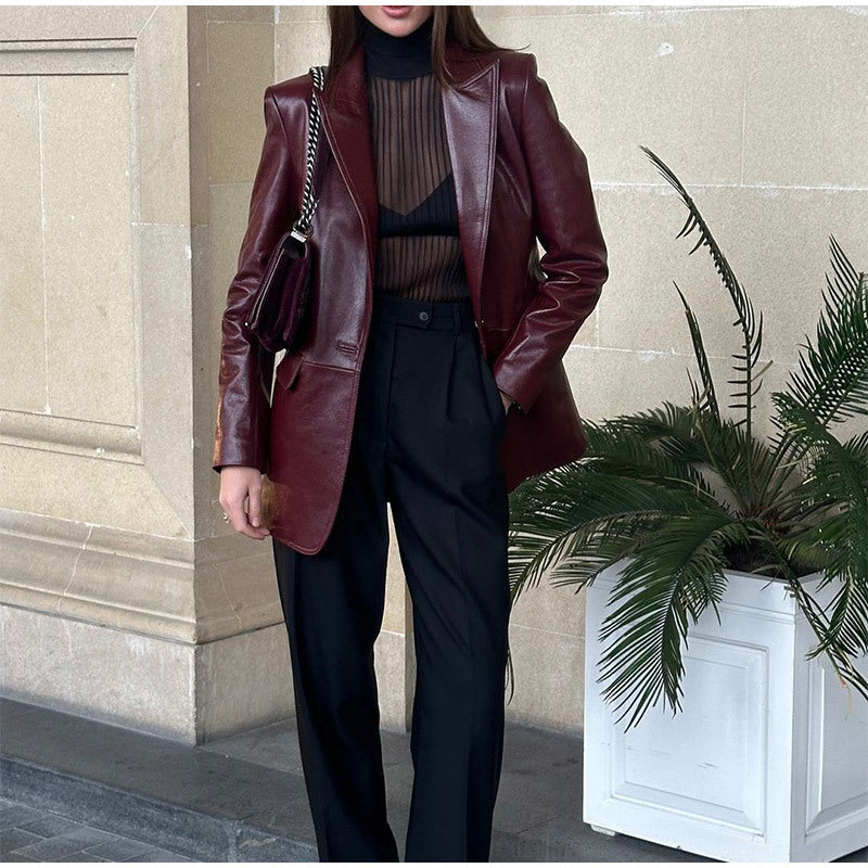 Damen Glattleder-Blazer mit strukturierter Schulterpartie und verlängertem Schnitt Shop Nory