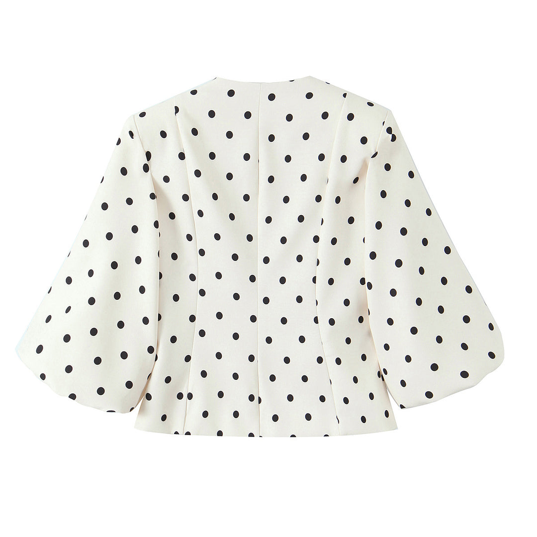 Damen Taillierte Polka‑Dot Blusenjacke mit Volumenärmeln und goldenen Schmuckknöpfen Shop Nory
