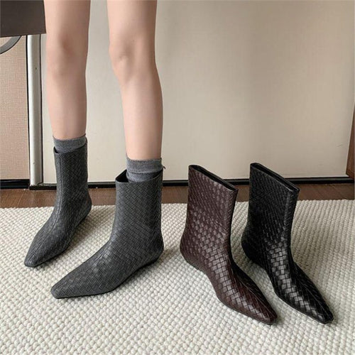 Damen Geflochtene Lederoptik-Midcalf Stiefeletten mit spitzer Zehenform und flachem Absatz Shop Nory