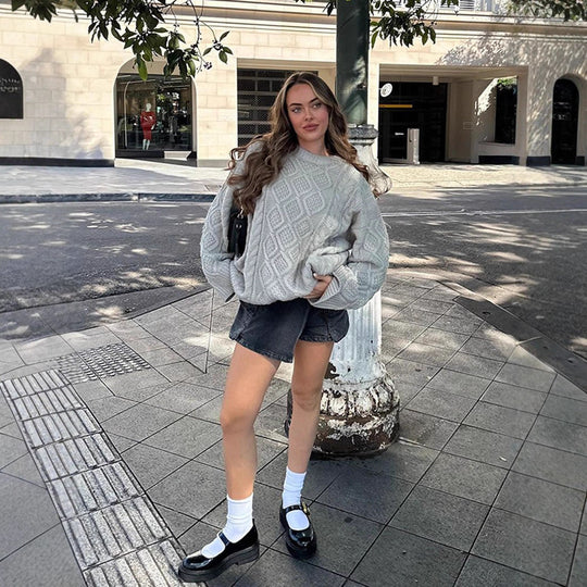 Damen Oversize Strickpullover mit Zopfmuster und Rippbündchen Shop Nory