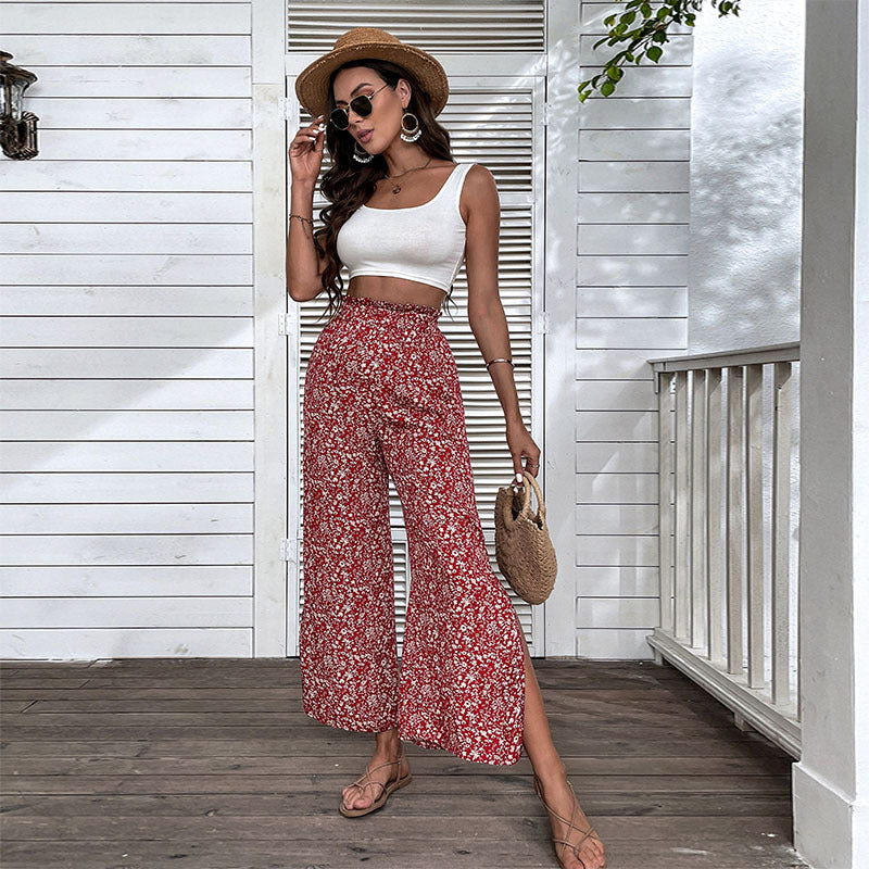 Damen Leichte High‑Waist Palazzo‑Hose mit Gummibund, Blumenprint und seitlichem Beinschlitz Shop Nory