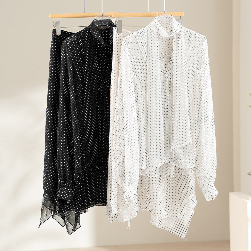 Damen Chiffon-Bluse mit Schleifenkragen, Pünktchenmuster und Biesen-Detail Shop Nory