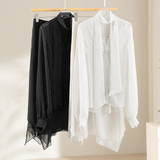 Damen Luftige Polka‑Dot Schlaufenbluse mit Schleifenkragen, Plissée‑Vorderteil und Manschettenärmel Shop Nory