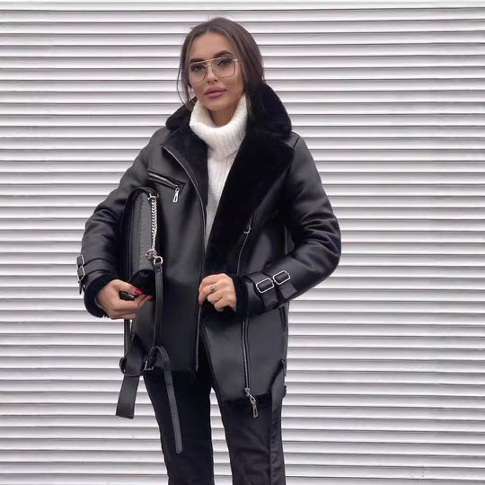 Damen Oversized Kunstleder-Fliegerjacke mit Teddyfell-Futter und Schnallen Shop Nory