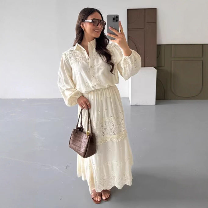 Damen Boho‑Maxikleid mit Stickereien, Spitzenbesatz, elastischer Taille und Hemdkragen Shop Nory