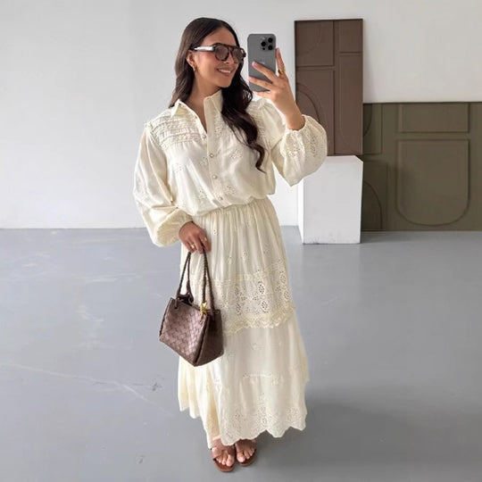 Damen Boho‑Maxikleid mit Stickereien, Spitzenbesatz, elastischer Taille und Hemdkragen Shop Nory