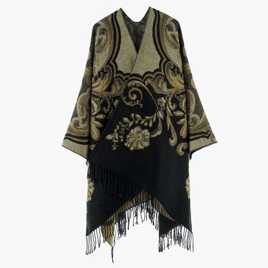 Damen Barock‑Jacquard Cape mit asymmetrischem Zipfelsaum und Fransen Shop Nory