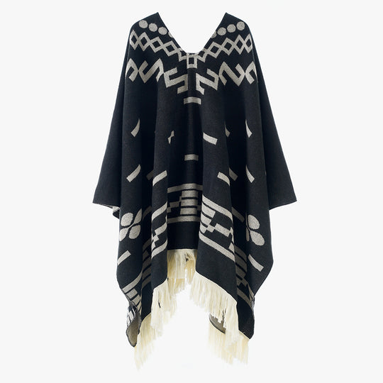 Damen Oversize Poncho im Boho‑Stil mit V‑Ausschnitt, Jacquard‑Muster und langen Fransen Shop Nory