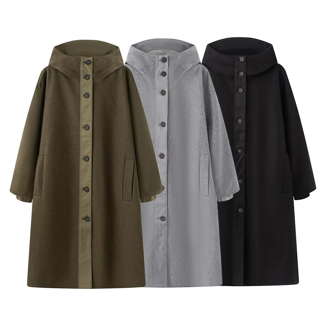 Damen Oversize Wollähnlicher Mantel mit Kapuze und Knopfleiste Shop Nory