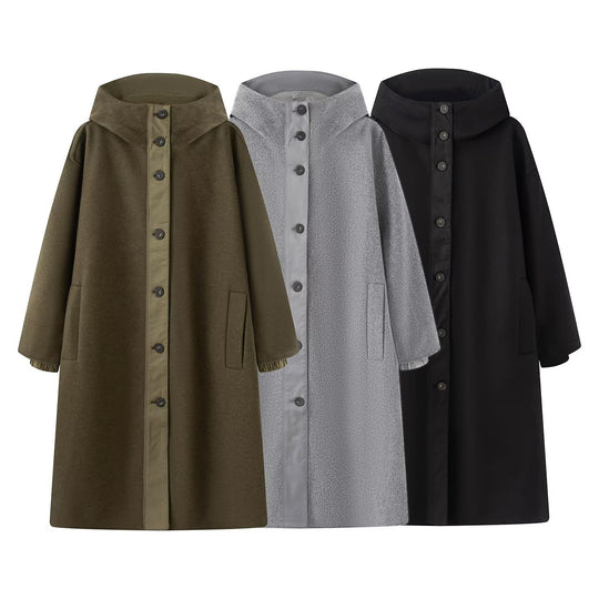 Damen Oversize Wollähnlicher Mantel mit Kapuze und Knopfleiste Shop Nory