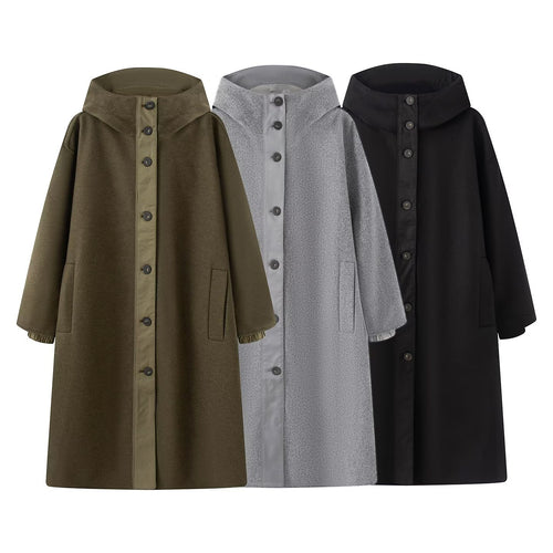 Damen Oversize Wollähnlicher Mantel mit Kapuze und Knopfleiste Shop Nory