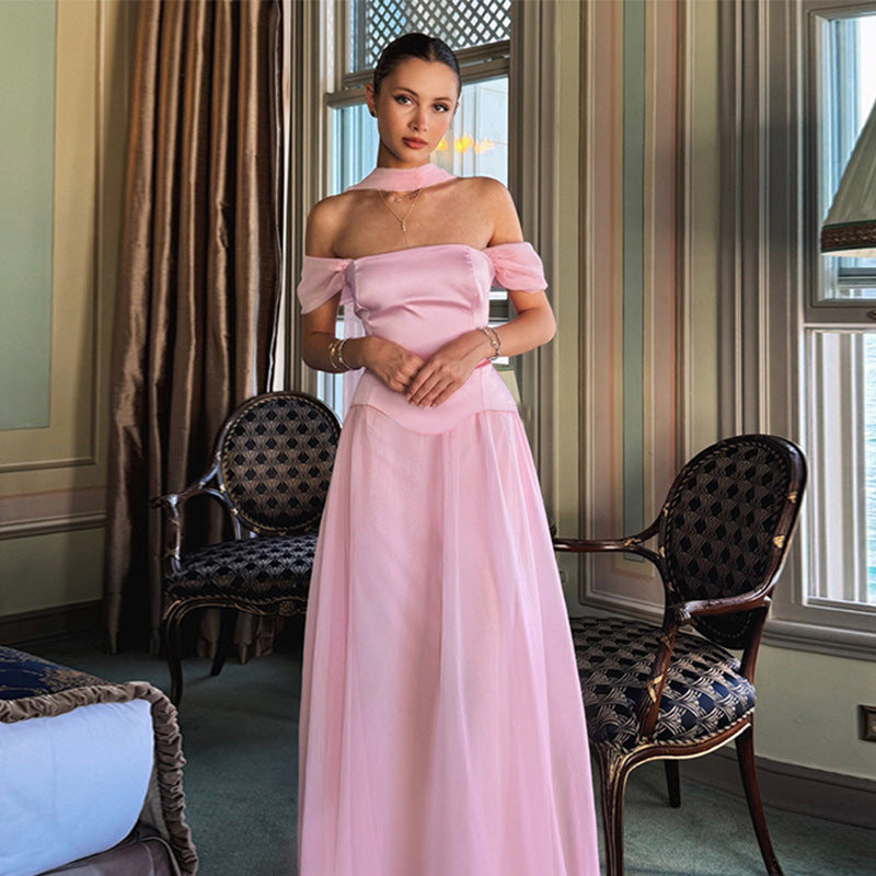 Damen Elegantes Abendkleid mit schulterfreien Puffärmeln und Choker