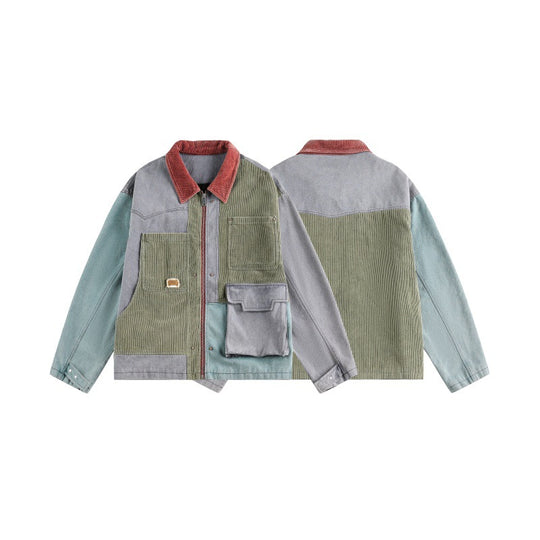 Unisex Boxy‑Patchwork‑Cordjacke mit kontrastierendem Kragen und Multifunktionstaschen Shop Nory