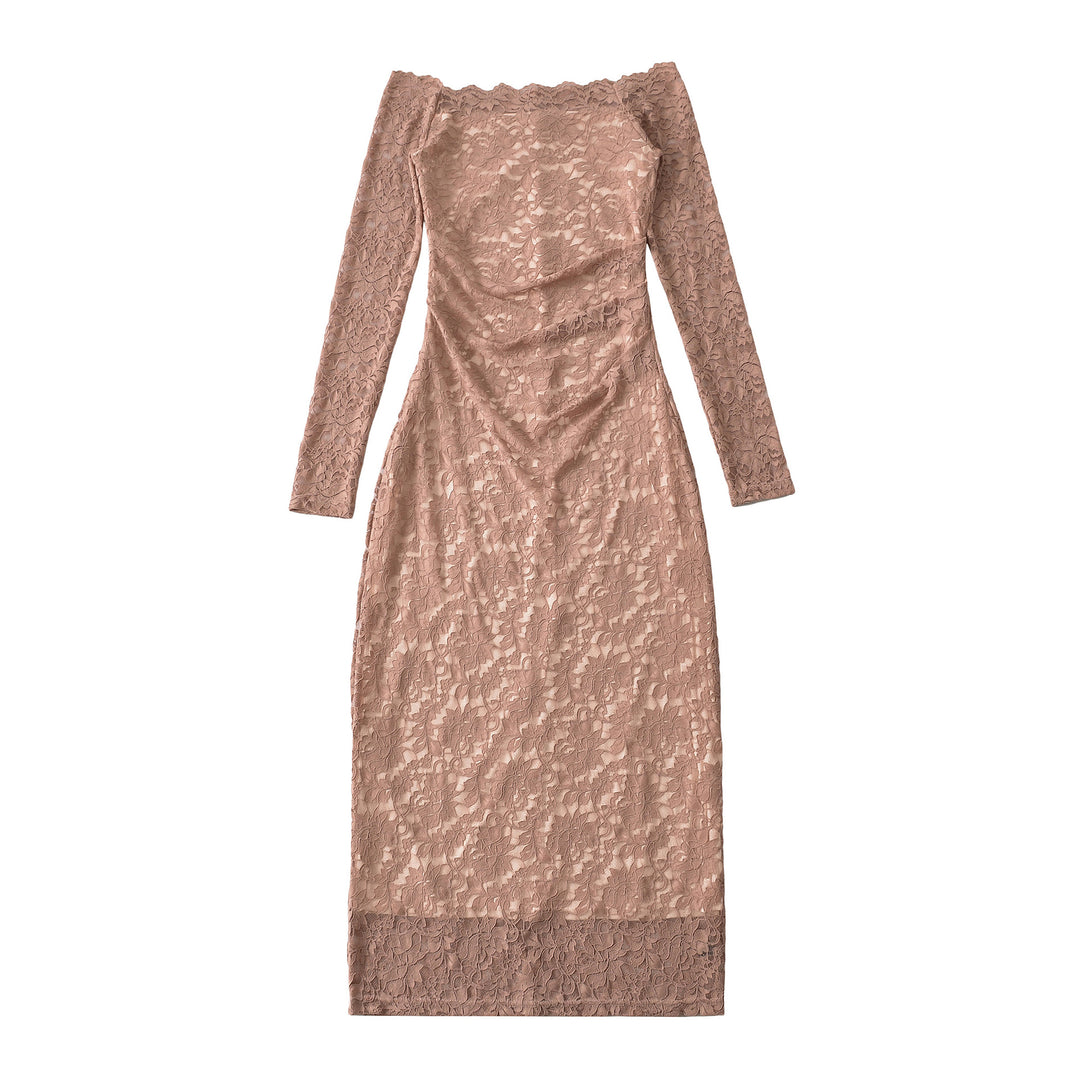 Damen Schulterfreies Spitzenkleid mit Taillenraffung und Langarm Shop Nory