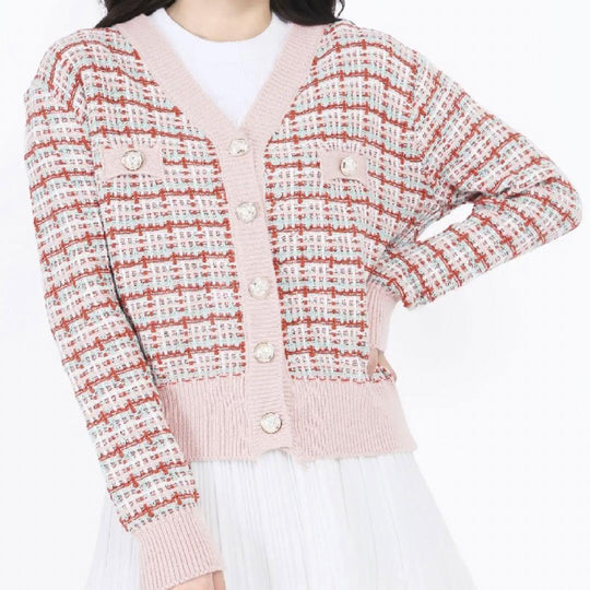 Damen Tweed-Strickcardigan mit V-Ausschnitt und Zierknopfleiste Shop Nory