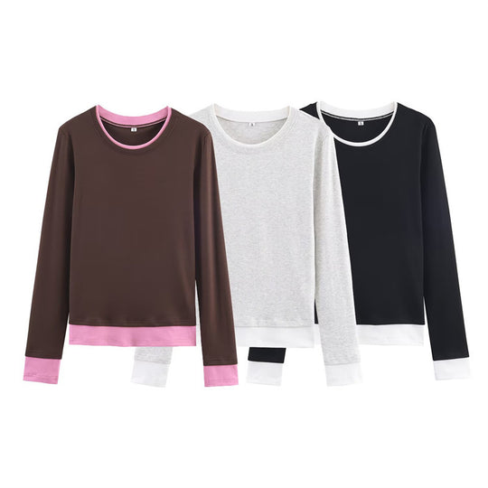 Damen Langarm-Shirt im Lagenlook mit Kontrastbündchen und Rundhalsausschnitt Shop Nory