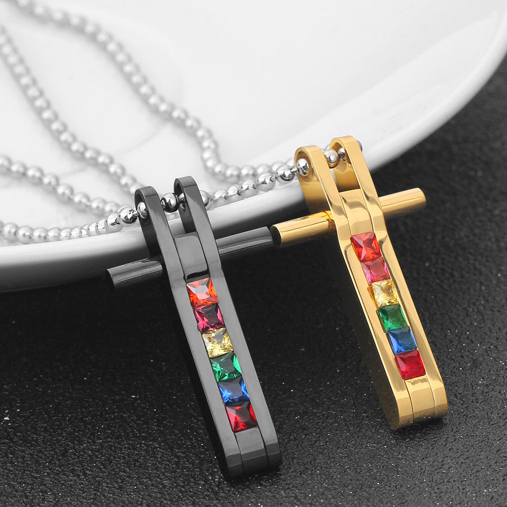 Damen Kreuzanhänger mit bunten Swarovski-Kristallen und Edelstahlkette Shop Nory