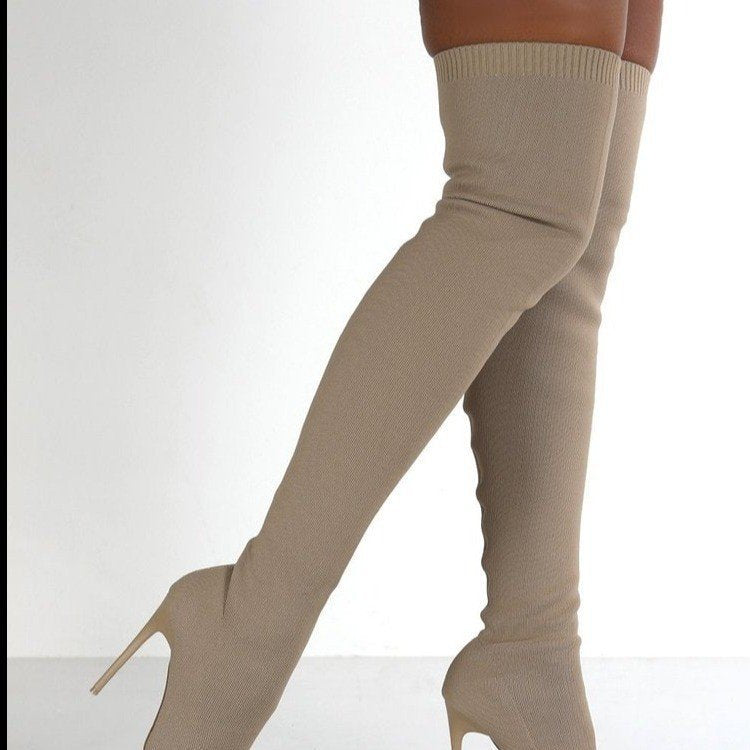 Damen Overknee Stiefel mit elegantem spitzem Absatz und modischem Strickdesign
