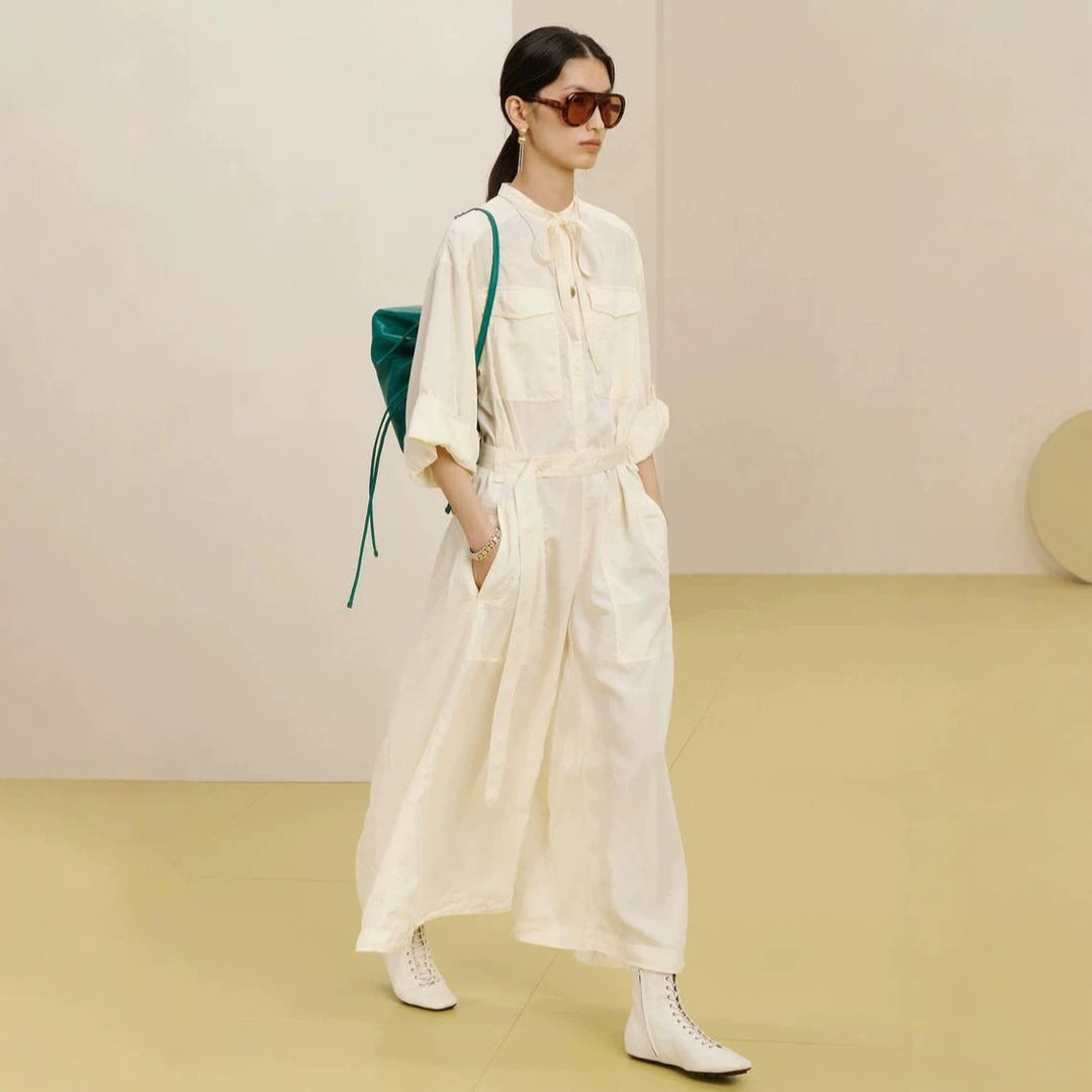 Damen Langer Utility-Jumpsuit mit Hemdkragen und Bindegürtel Shop Nory
