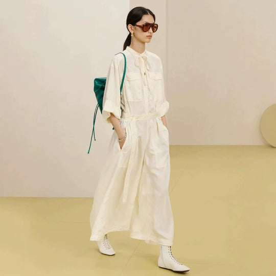 Damen Langer Utility-Jumpsuit mit Hemdkragen und Bindegürtel Shop Nory