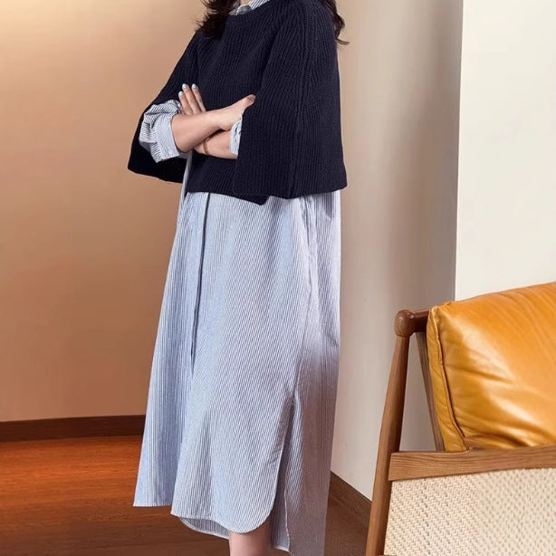 Damen Langes Hemdblusenkleid aus Popeline mit feiner Streifenstruktur, Kordel‑Taille und Seitenschlitzen Shop Nory