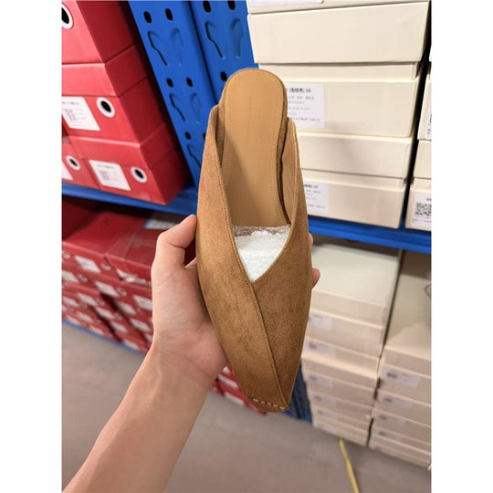 Damen Spitz zulaufende Wildleder‑Mules mit V‑Ausschnitt und flacher Komfortsohle Shop Nory