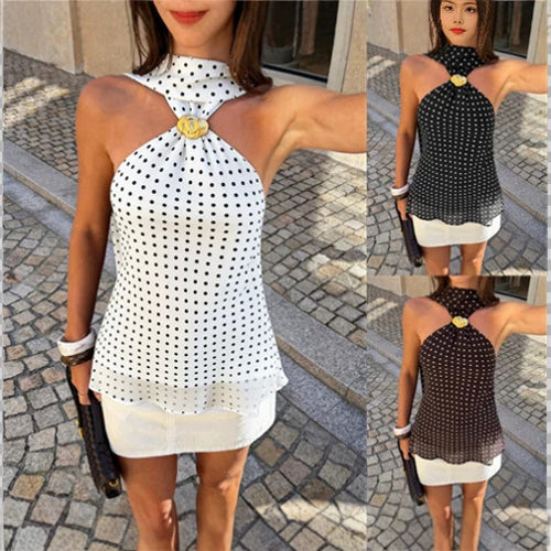 Damen Ärmelloses Neckholder-Top mit Polka-Dot und zierlicher Goldapplikation Shop Nory