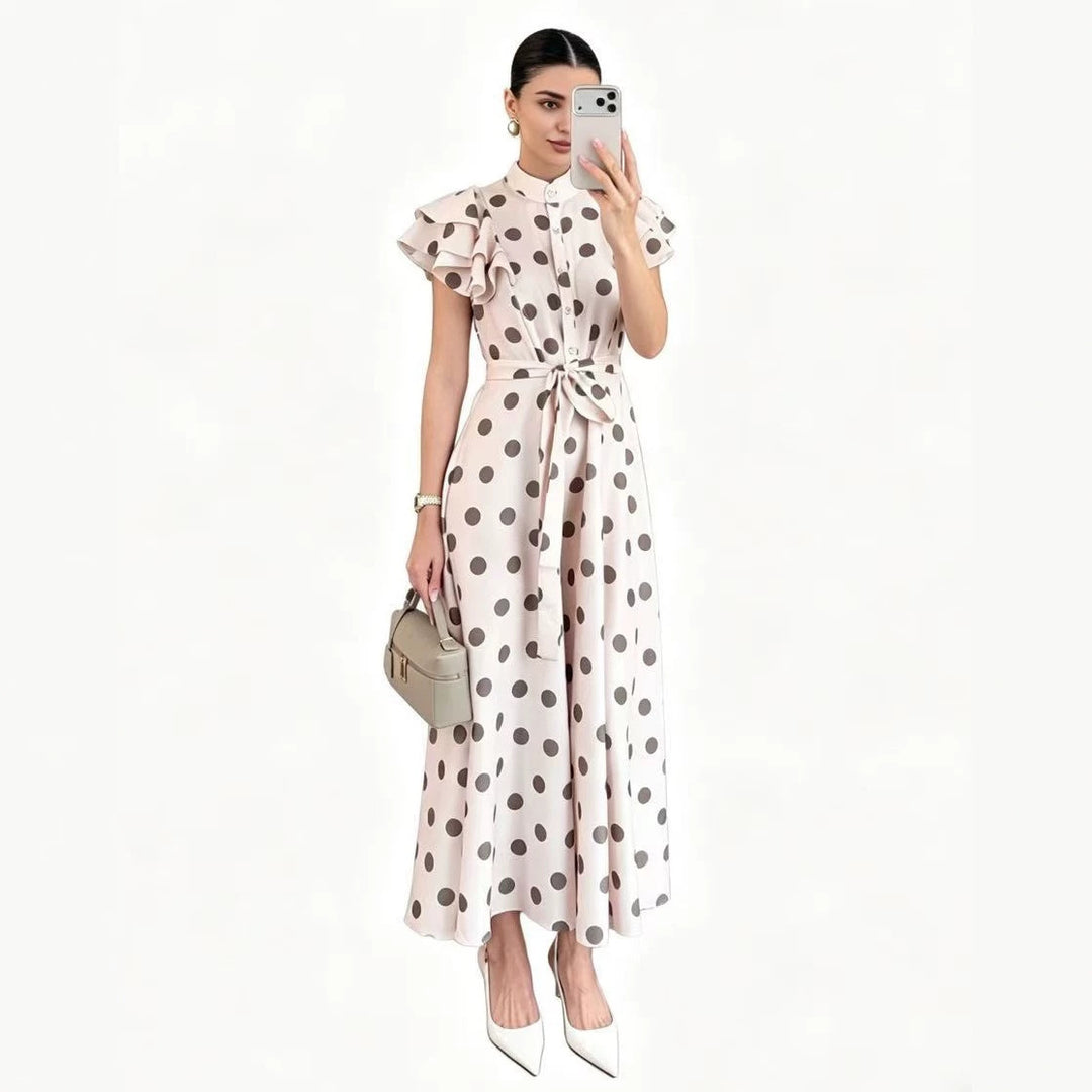 Damen Gepunktetes Maxikleid mit Stehkragen, Volantärmeln und Bindegürtel Shop Nory