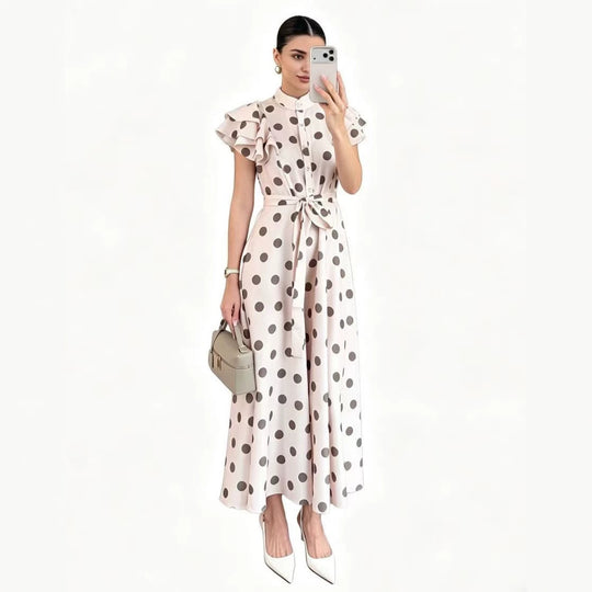 Damen Gepunktetes Maxikleid mit Stehkragen, Volantärmeln und Bindegürtel Shop Nory