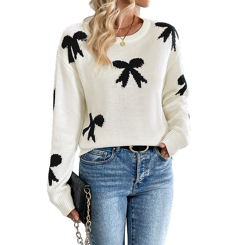 Damen Feinstrick-Pullover mit Schleifen-Jacquard, Rundhalsausschnitt und gerippten Bündchen Shop Nory