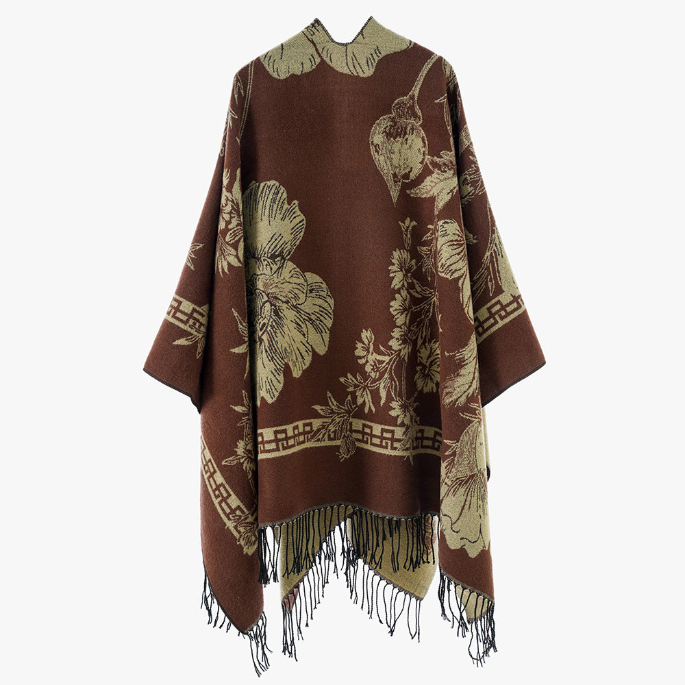 Damen Rechteckiger Jacquard-Überwurf mit floralem Allovermotiv und Fransensaum Shop Nory