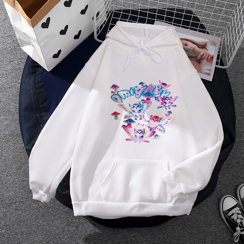 Damen nan Kapuzenpullover mit verspieltem Katzen‑Schmetterlings-Print und Kängurutasche Shop Nory