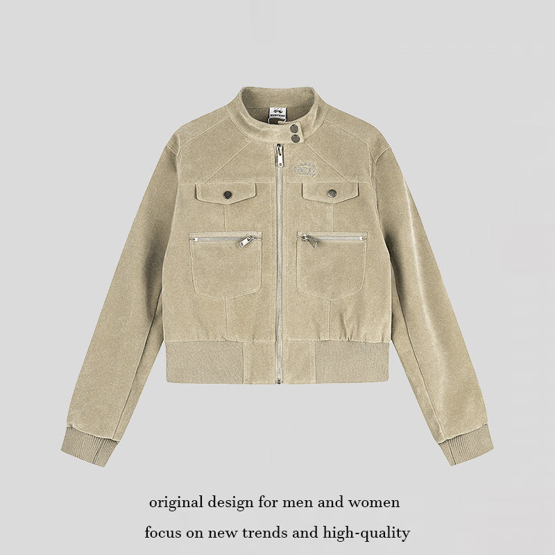 Damen Kurz geschnittene Samtvelours Bomberjacke mit Stehkragen und Multifunktionstaschen Shop Nory