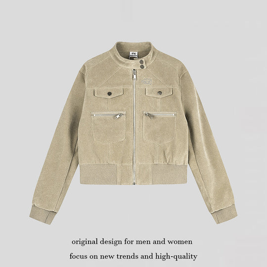 Damen Kurz geschnittene Samtvelours Bomberjacke mit Stehkragen und Multifunktionstaschen Shop Nory