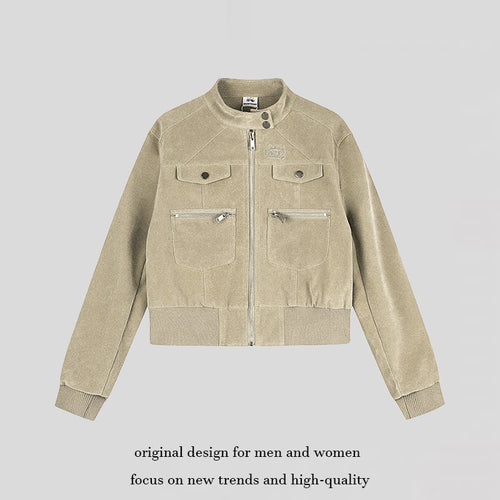 Damen Kurz geschnittene Samtvelours Bomberjacke mit Stehkragen und Multifunktionstaschen Shop Nory