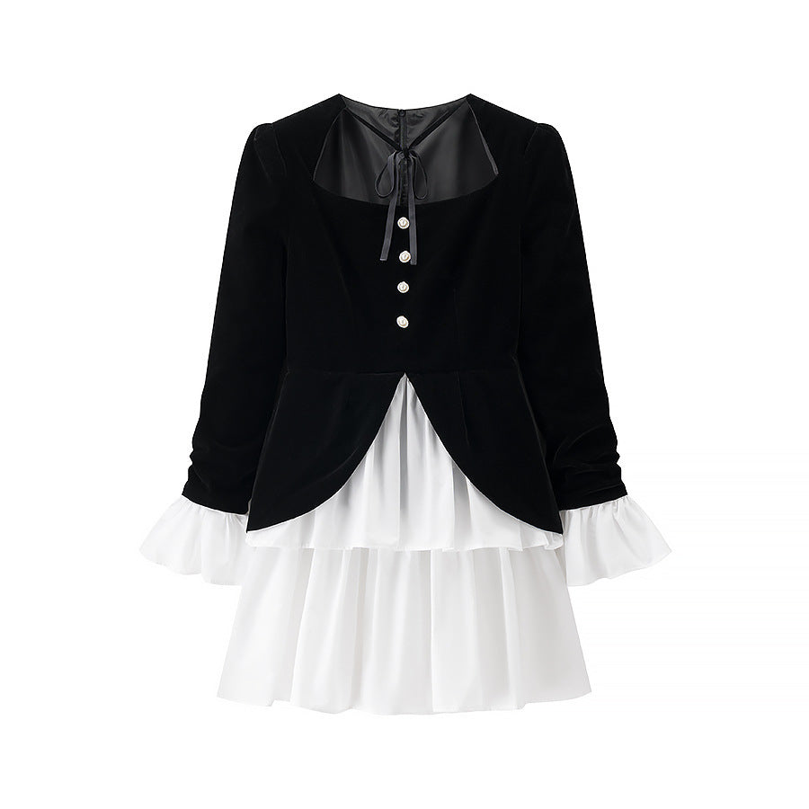Damen Samtkleid mit tailliertem Mieder, Puffärmeln und mehrlagigem Volantrock Shop Nory