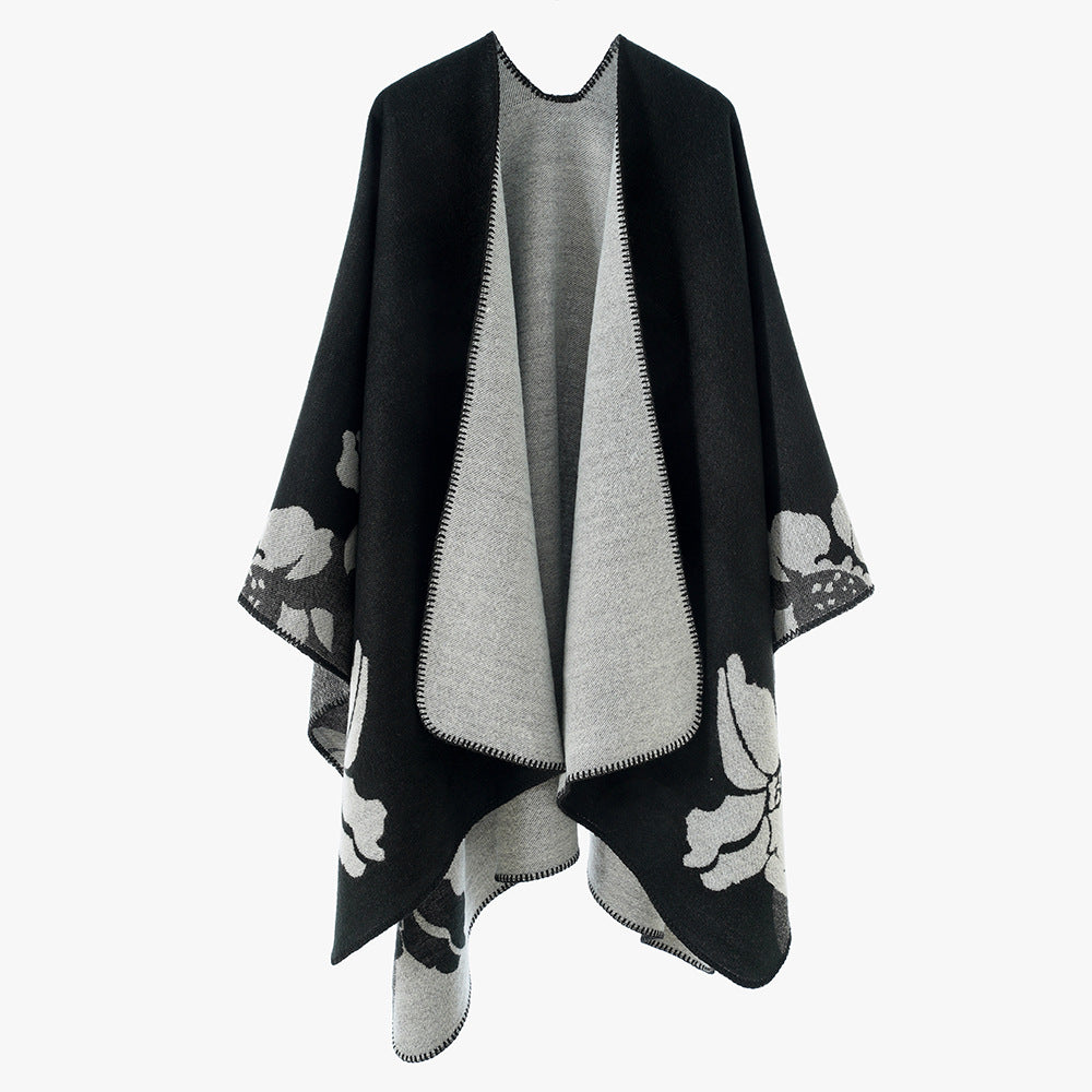 Damen Wendbarer Wollmix-Cape mit floralem Jacquard und offenem Fall Shop Nory