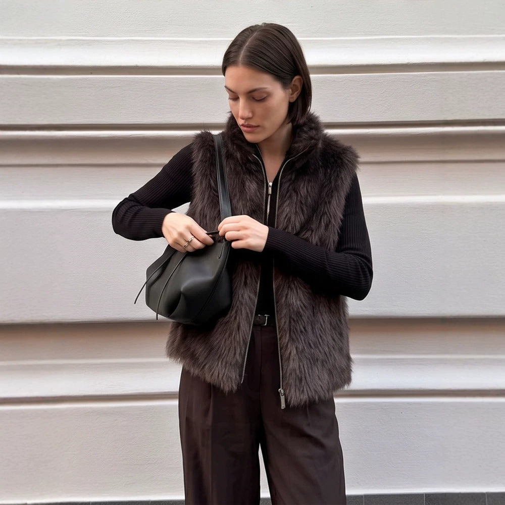 Damen Ärmellose Kunstfellweste mit Stehkragen und durchgehendem Reißverschluss Shop Nory